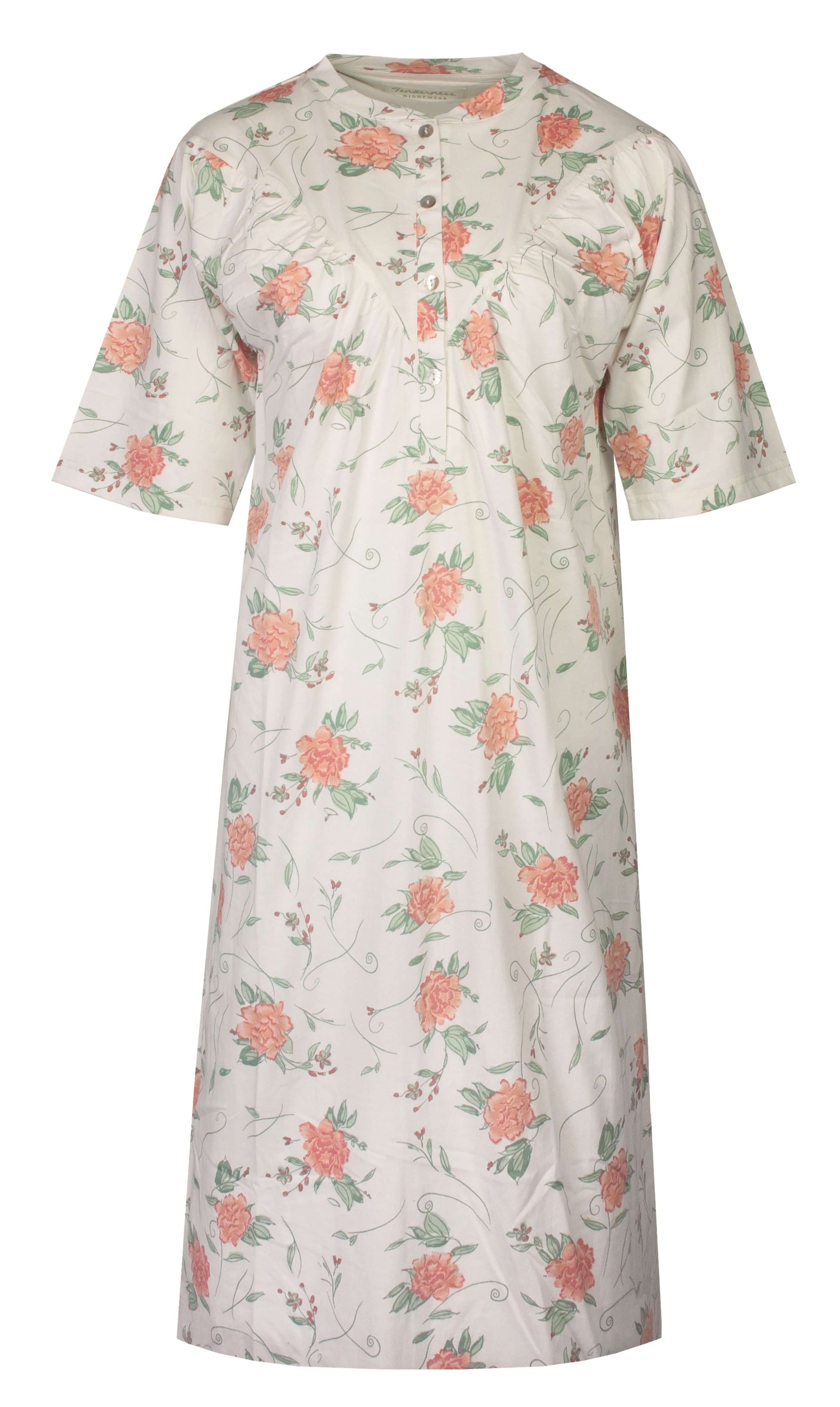 Beige nachthemd met korte mouwen en roze bloemenprint, knoopsluiting aan de hals, lengte 110 cm