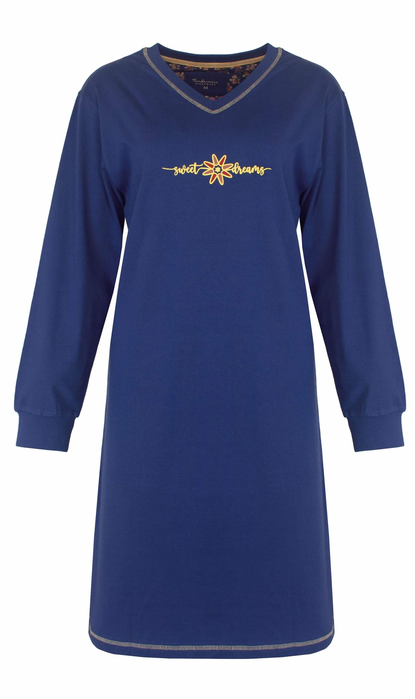 Blauw nachthemd met lange mouwen en V-hals, 'sweet dreams' opdruk met bloemmotief in geel en oranje