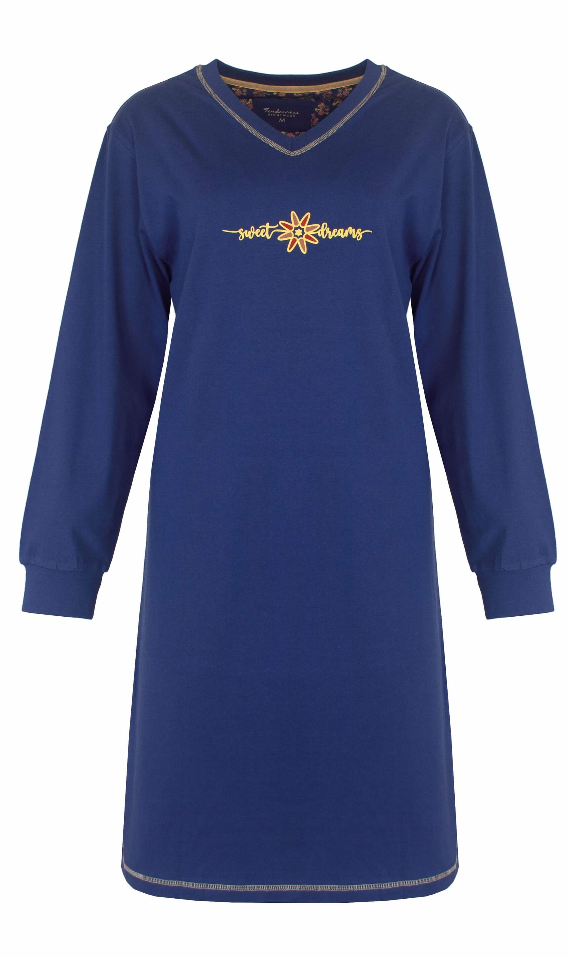 Blauw nachthemd met lange mouwen en V-hals, 'sweet dreams' opdruk met bloemmotief in geel en oranje