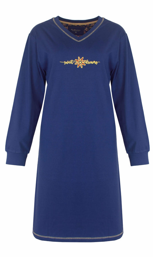 Blauw nachthemd met lange mouwen en V-hals, 'sweet dreams' opdruk met bloemmotief in geel en oranje