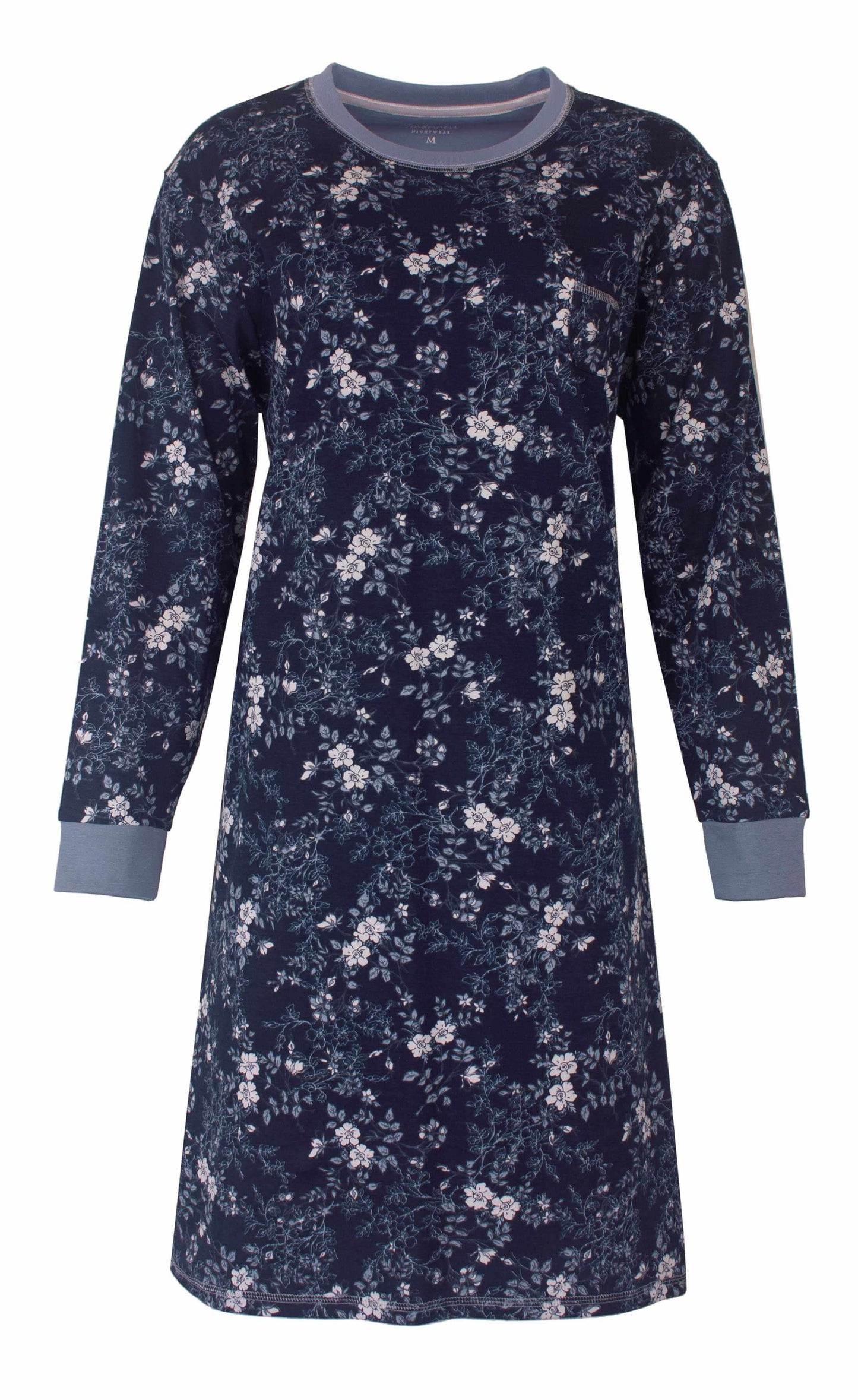 Donkerblauw nachthemd met lange mouwen, ronde hals en een all-over bloemenprint in lichtere tinten.