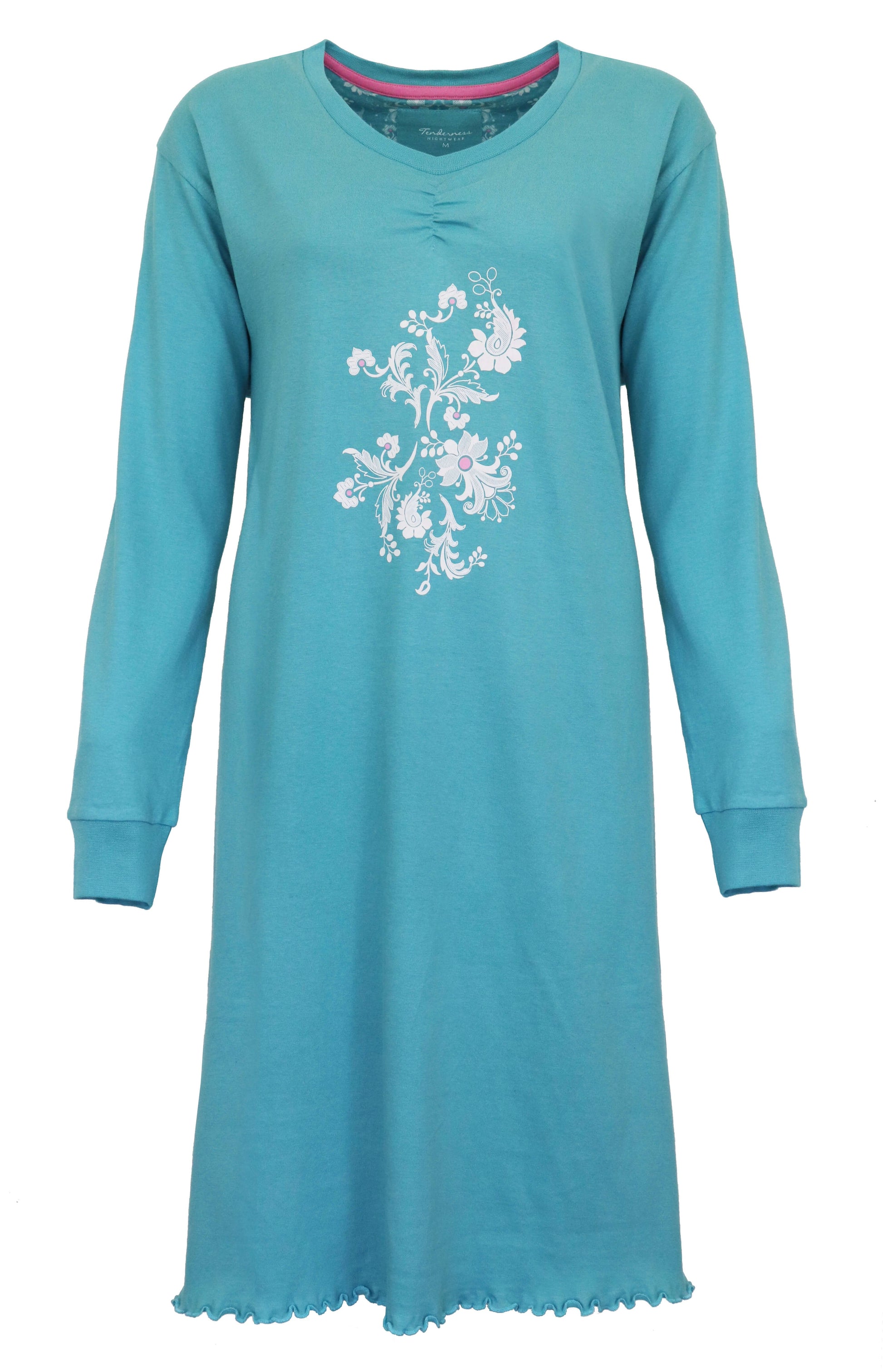 Aqua groen nachthemd met lange mouwen en witte bloemenprint, V-hals met plooitjes en geribde manchetten
