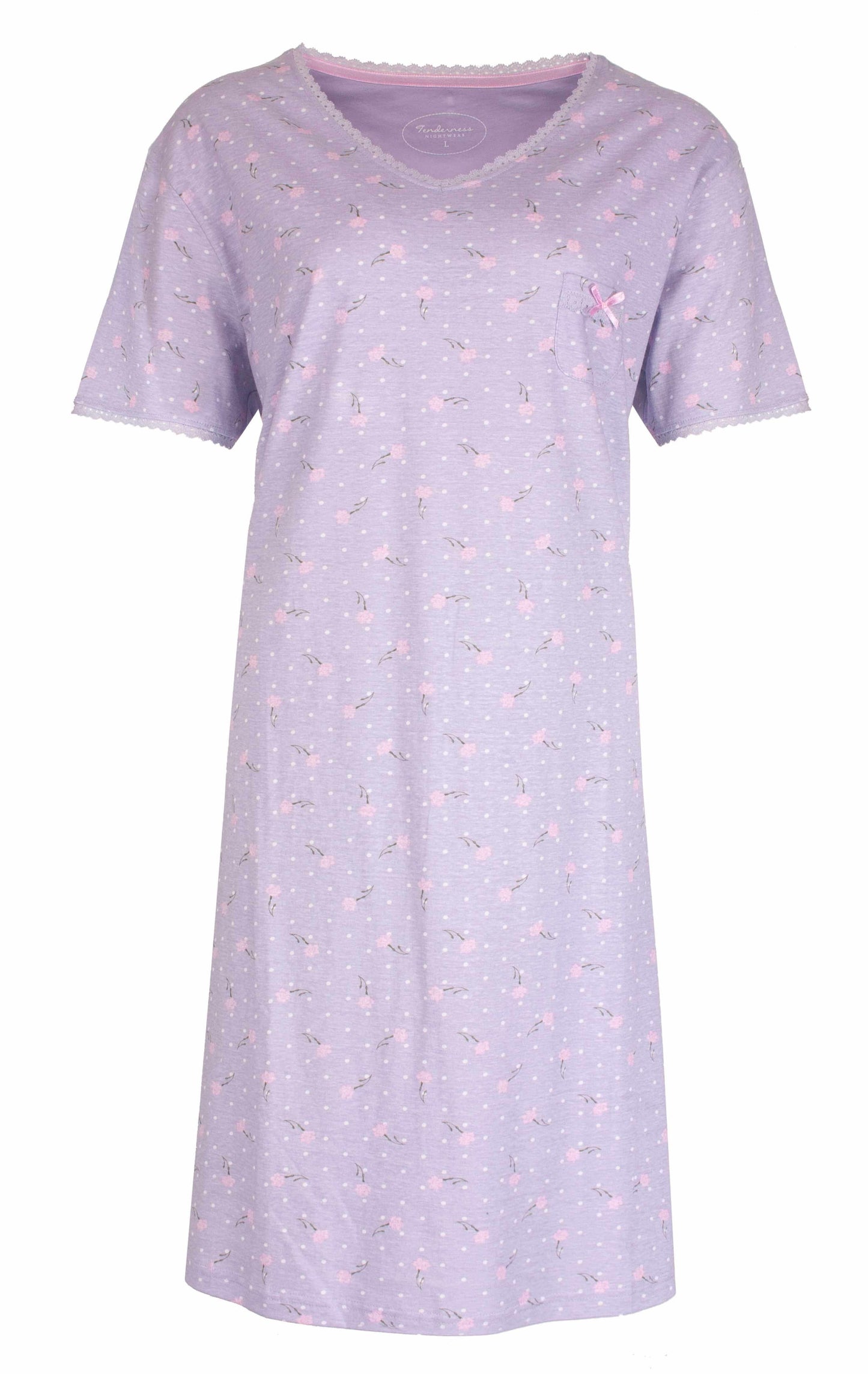 Lavendel lila nachthemd met V-hals, korte mouwen en een delicaat bloemenpatroon in roze tinten.