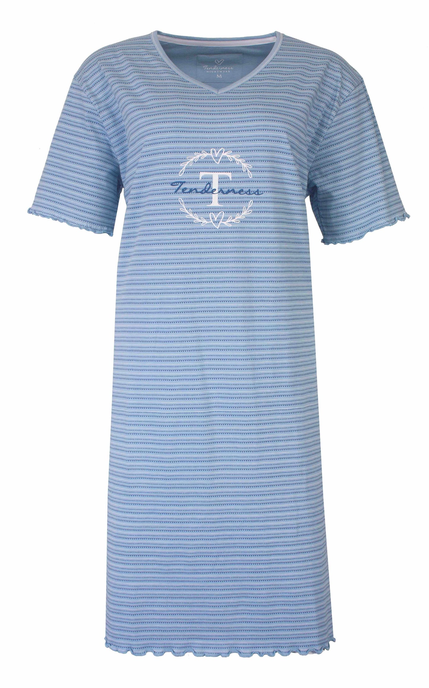 Lichtblauw gestreept nachthemd met korte mouwen en V-hals.'Good Times' logo, merk Tenderness