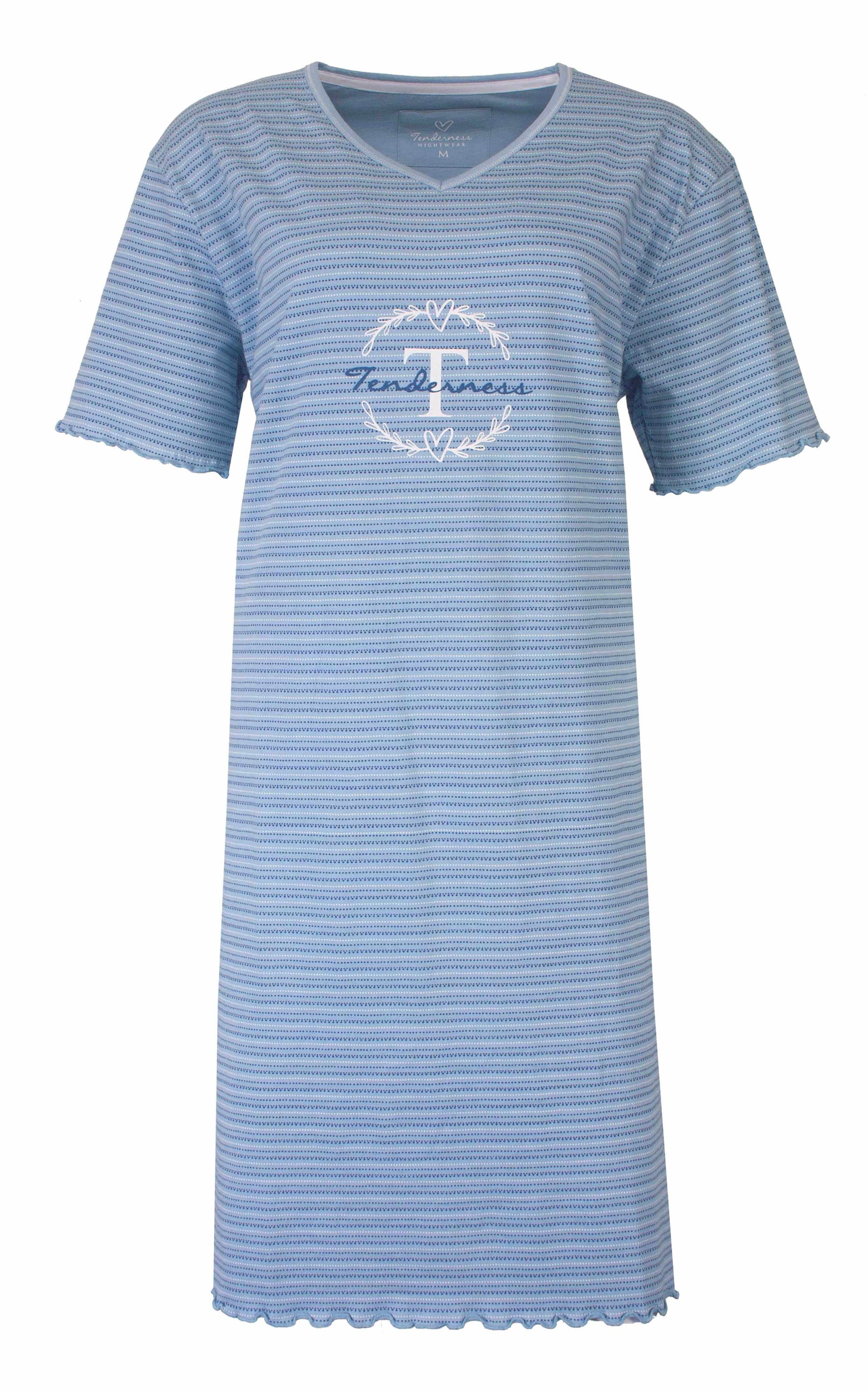 Lichtblauw gestreept nachthemd met korte mouwen en V-hals.'Good Times' logo, merk Tenderness