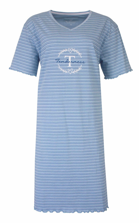 Lichtblauw gestreept nachthemd met korte mouwen en V-hals.'Good Times' logo, merk Tenderness