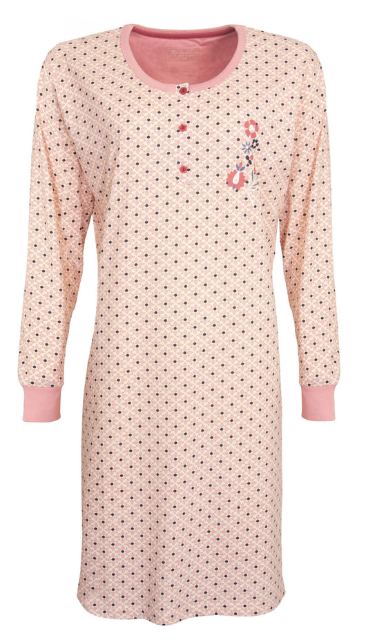 Licht roze dames nachthemd met lange mouwen en zwart-wit stippenpatroon, voorzien van kleine bloemenprint