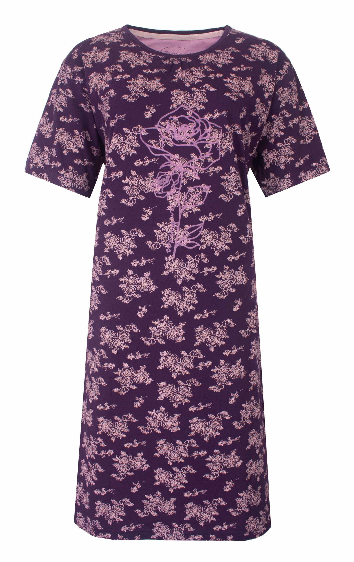 Lila nachthemd met roze bloemenprint, korte mouwen en een ronde hals. Centraal een grotere bloemafbeelding.