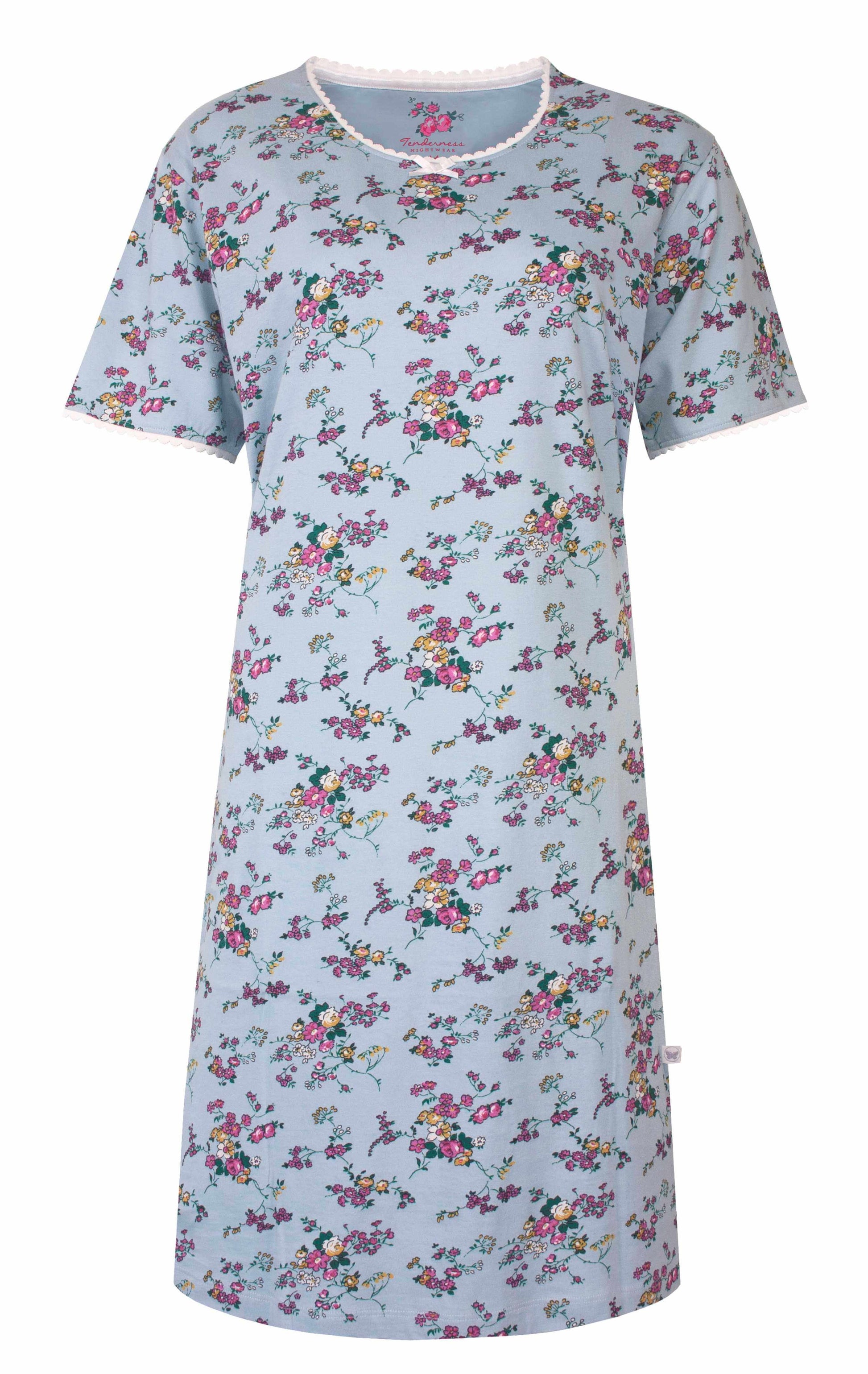 Mintblauw nachthemd met korte mouwen en kleurrijke bloemenprint, ronde hals met wit biesje