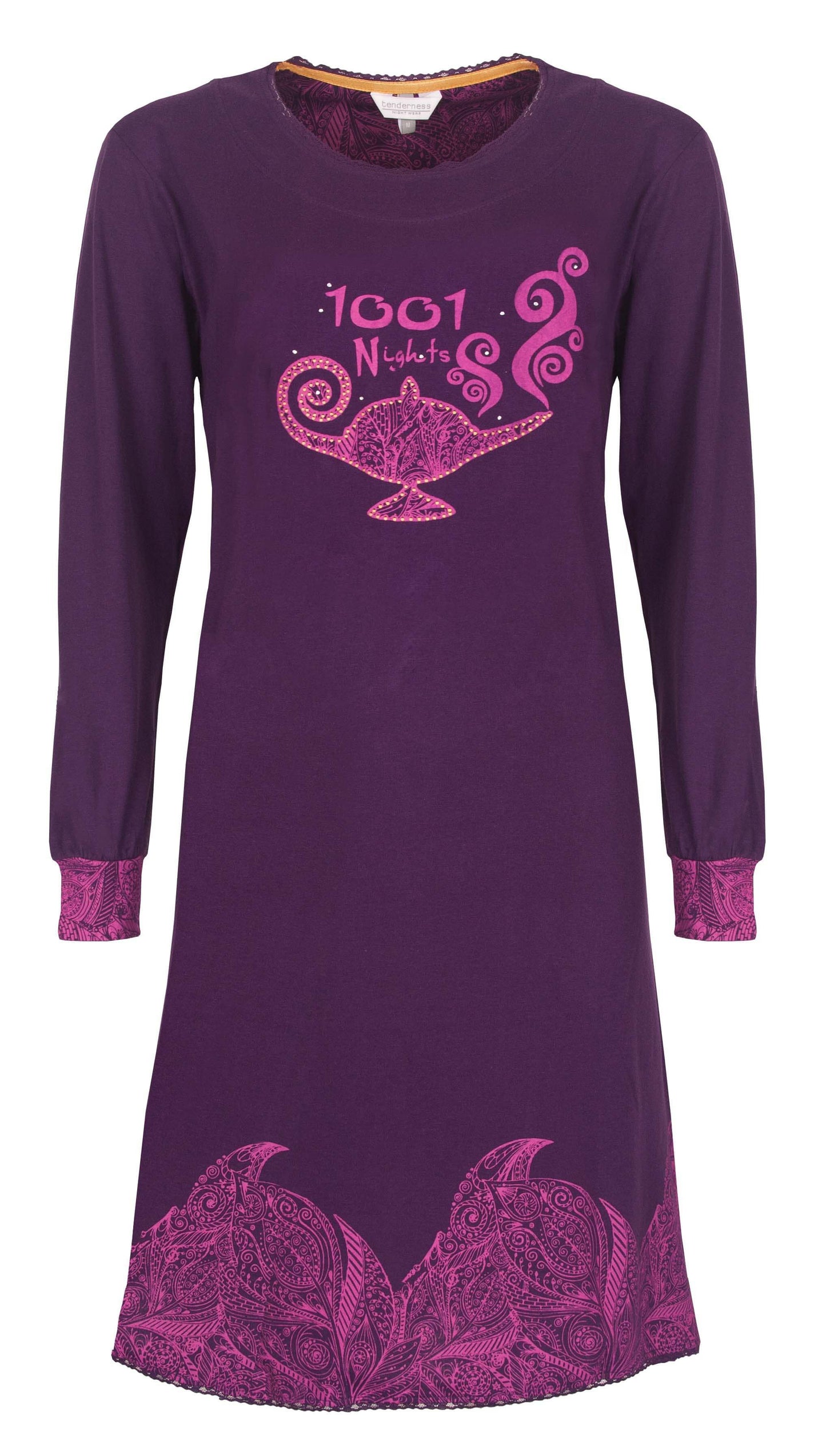 Paars nachthemd met lange mouwen, ronde hals en roze '1001 Nights' print van een magische lamp en sierlijke patronen