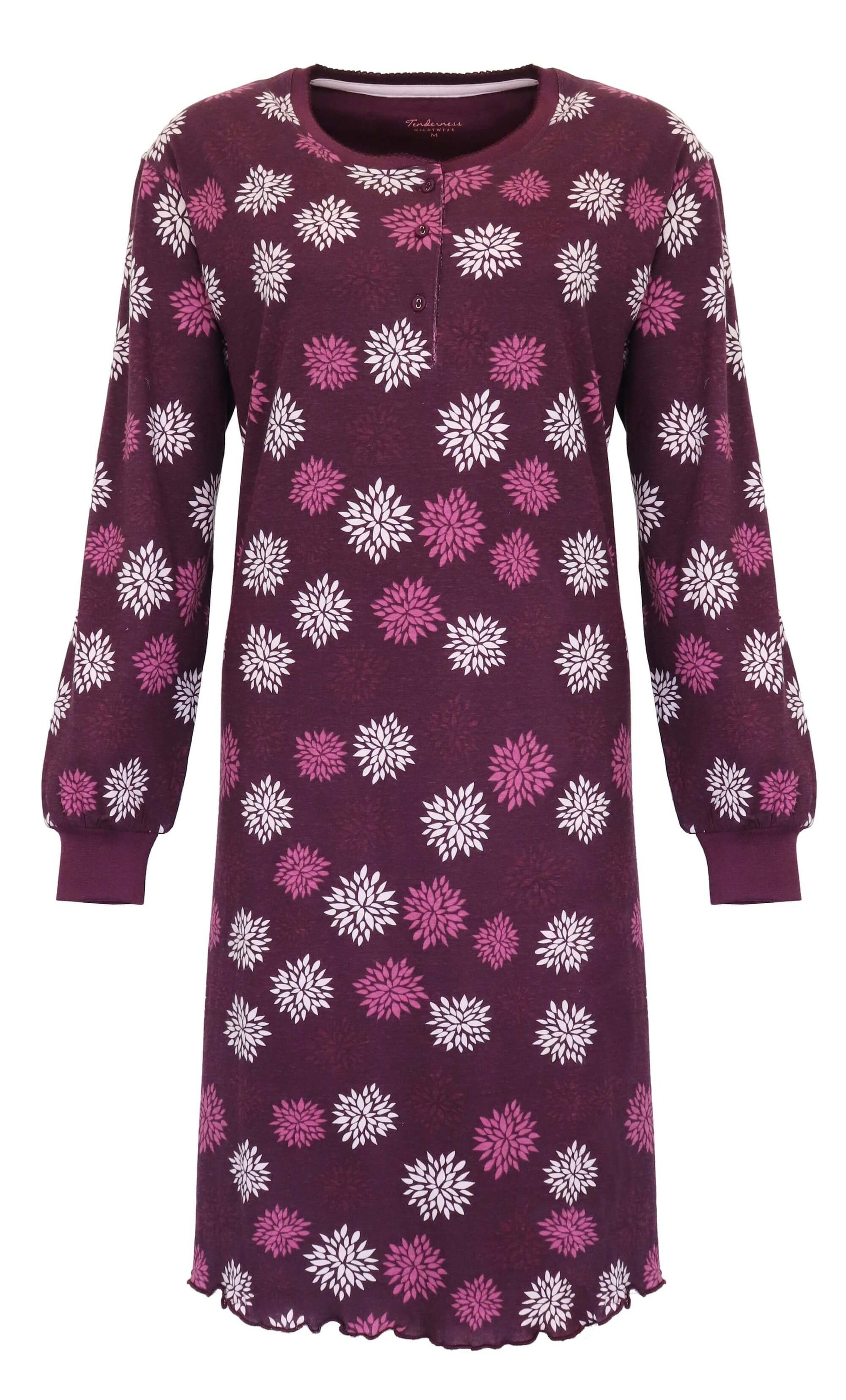 Paars nachthemd met witte en roze bloemenprint, lange mouwen en ronde hals, gemaakt van 100% katoen