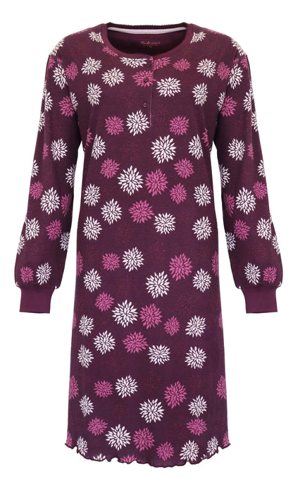 Paars nachthemd met witte en roze bloemenprint, lange mouwen en ronde hals, gemaakt van 100% katoen
