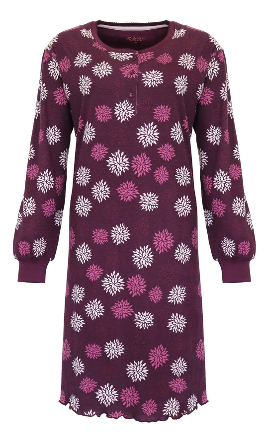 Paars nachthemd met witte en roze bloemenprint, lange mouwen en ronde hals, gemaakt van 100% katoen