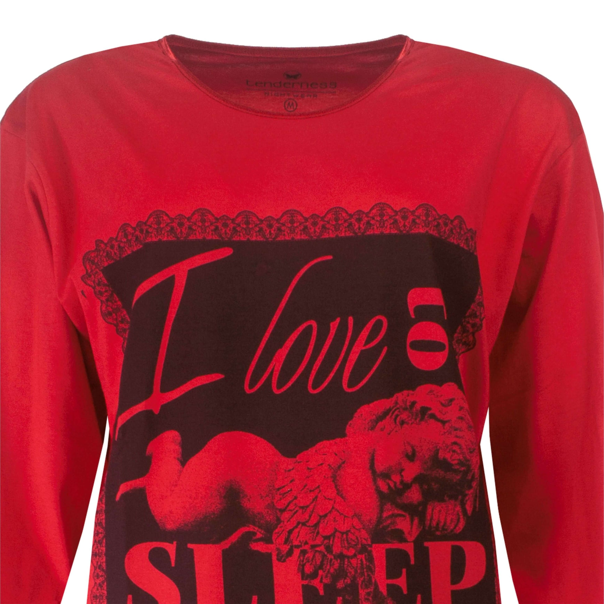 Rood nachthemd met​toenen nachthemd met 'I love sleep' print en afbeelding van een slapende engel