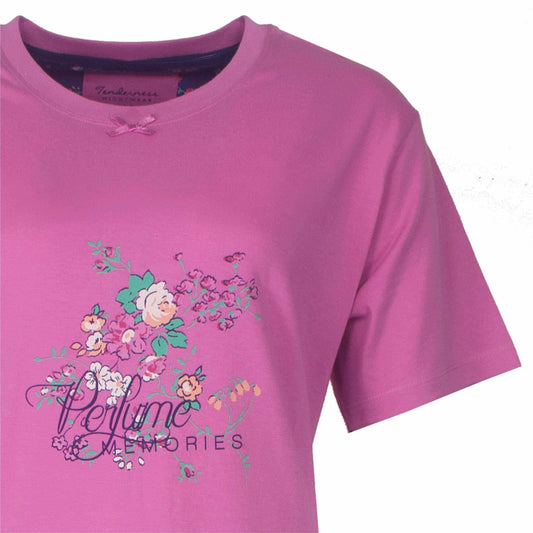 Roze nachthemd met korte mouwen, versierd met een en 'Perfume Memories' opdruk, merk Tenderness