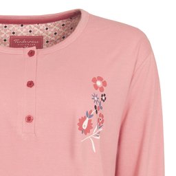 Roze dames nachthemd met polo sluiting en geborduurde bloemen detail, gemaakt van katoen