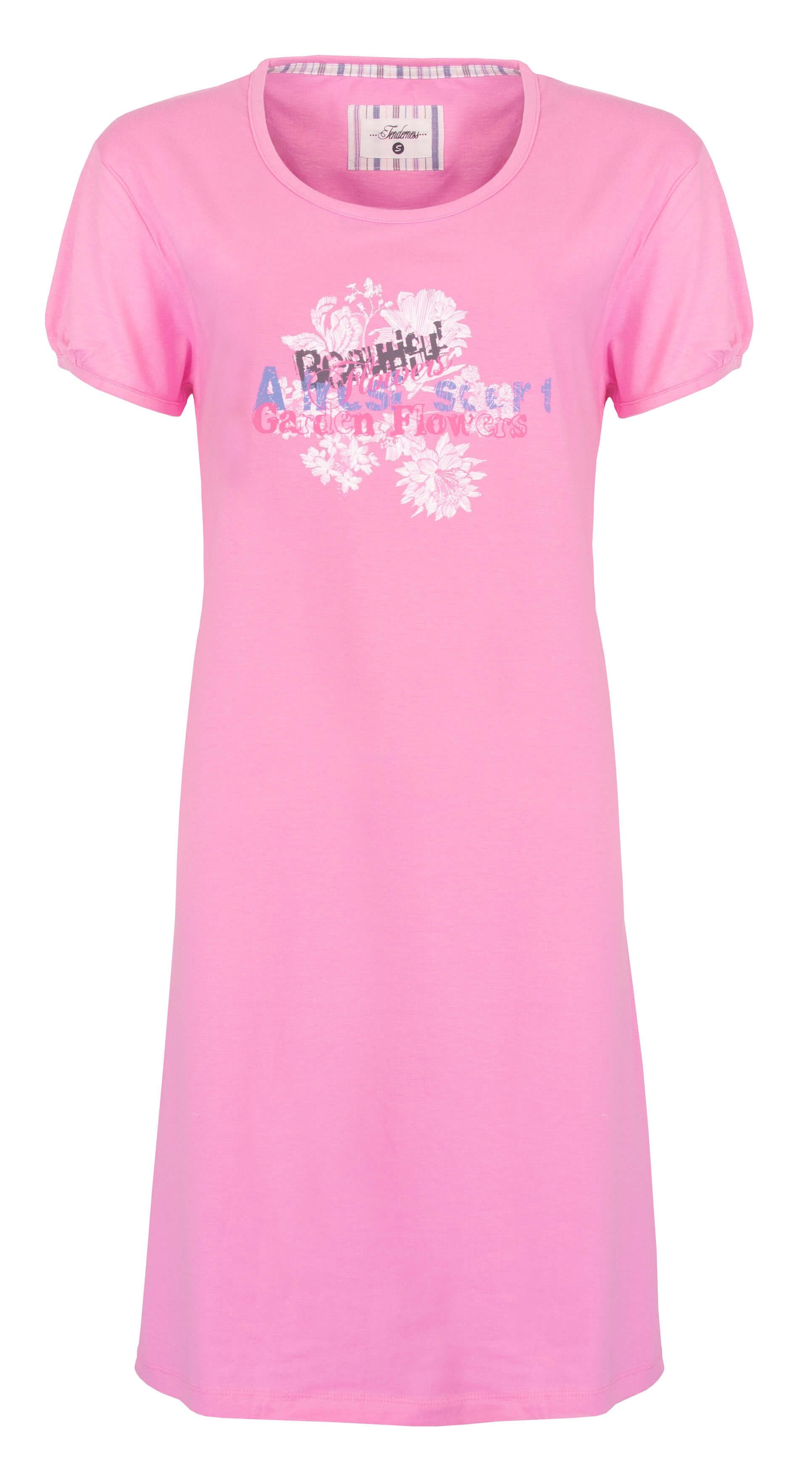 Roze katoenen nachthemd met korte mouwen, ronde hals en een grote print van bloemen en tekst op de borst.