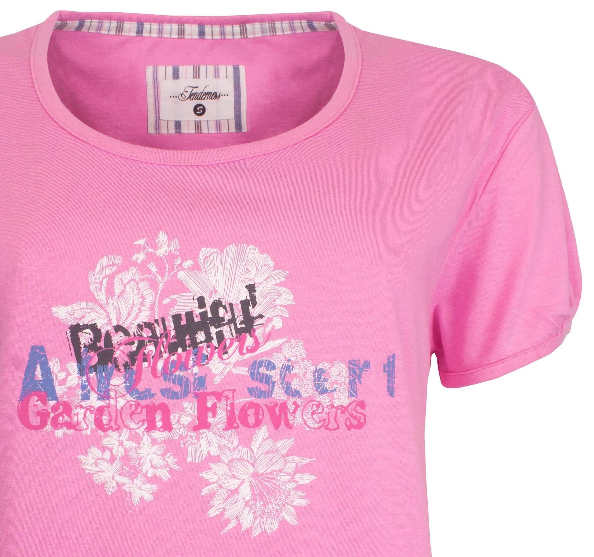 Roze katoenen nachthemd met ronde hals​te mouwen en bloemenprint op de borst, merk Tenderness.