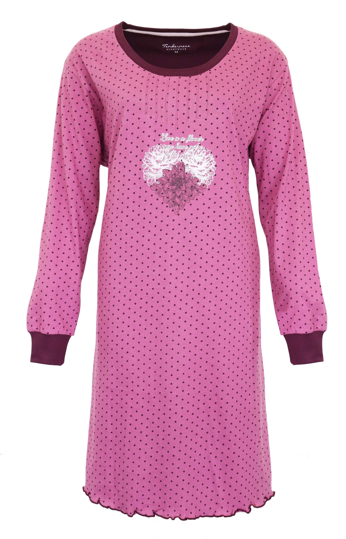Roze nachthemd met stippen, lange mouwen en bloemenprint op de borst. Gemaakt van 100% katoen.