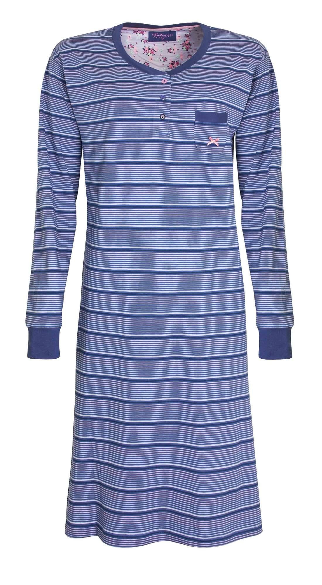 Lang blauw gestreept nachthemd met lange mouwen, ronde hals, knoopsluiting en borstzakje met strikje