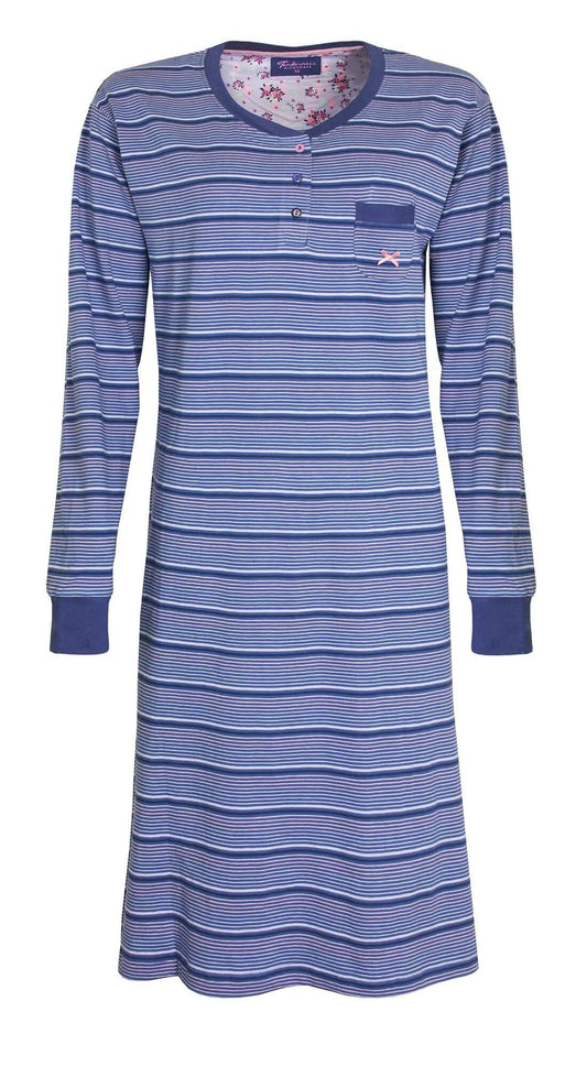 Lang blauw gestreept nachthemd met lange mouwen, ronde hals, knoopsluiting en borstzakje met strikje