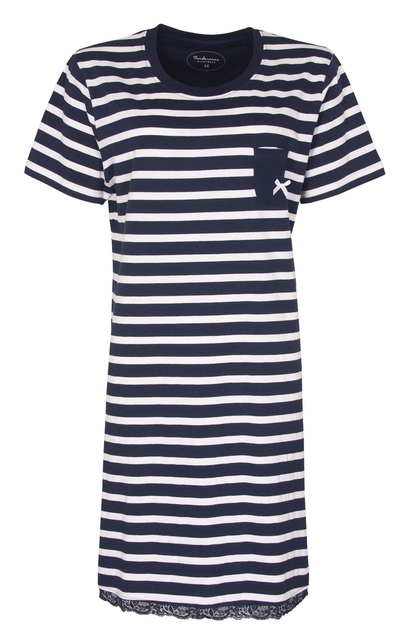 Donkerblauw gestreept dames nachthemd met korte mouwen, ronde hals en een klein borstzakje met strikdetail.