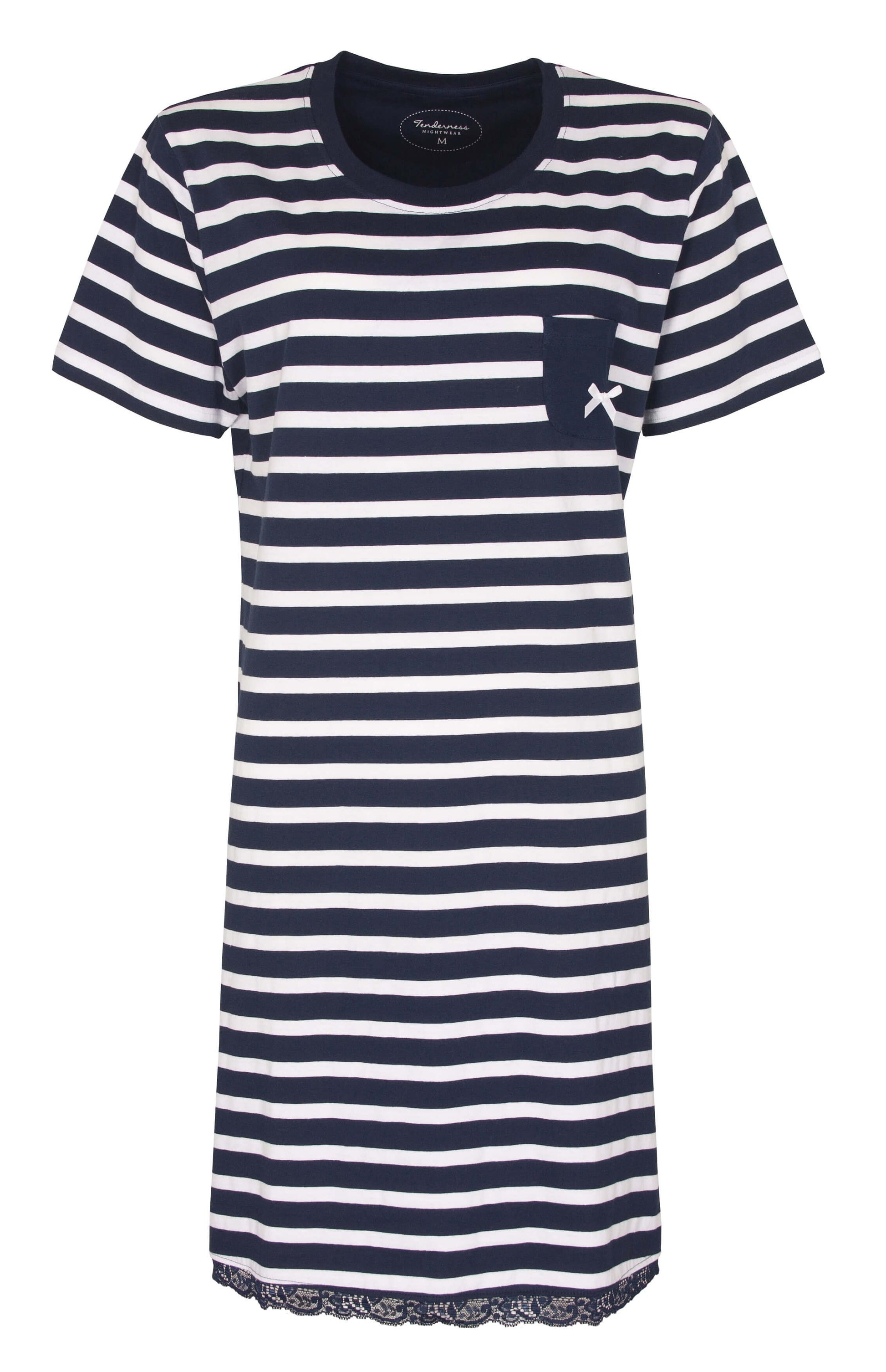 Donkerblauw gestreept dames nachthemd met korte mouwen, ronde hals en een klein borstzakje met strikdetail.