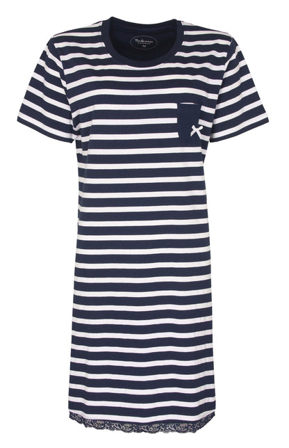 Donkerblauw gestreept dames nachthemd met korte mouwen, ronde hals en een klein borstzakje met strikdetail.