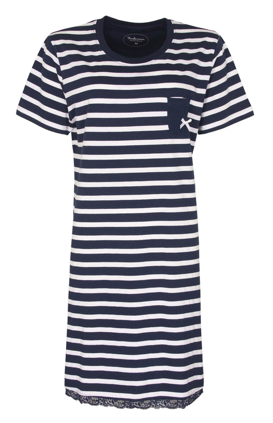 Donkerblauw gestreept dames nachthemd met korte mouwen, ronde hals en een klein borstzakje met strikdetail.