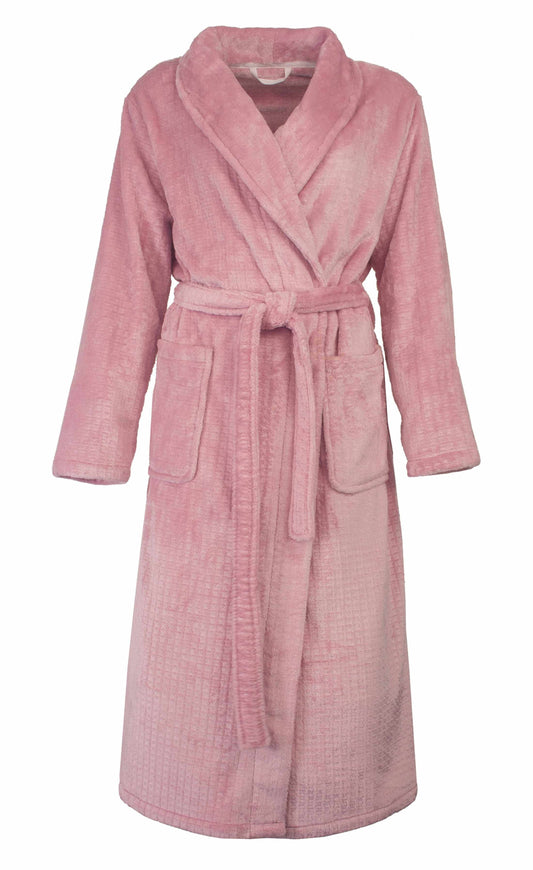 Roze fleece ochtendjas voor dames met wafelmotief, lange mouwen, zakken en een ceintuur om de taille