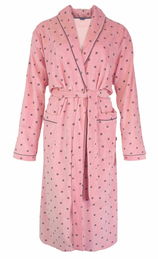Roze velours ochtendjas met kleine bloemenprint, shawlkraag, lange mouwen en ceintuur
