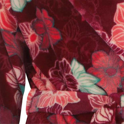 Rode fleece badjas met een weelderig bloemenpatroon in verschillende tinten roze, wit en turood en turquoise