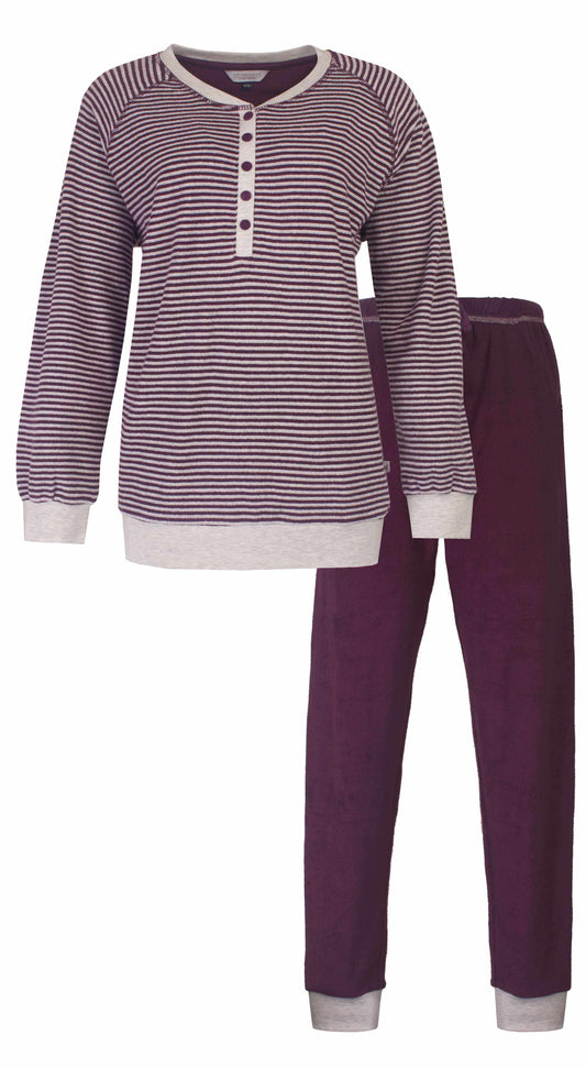 Gestreepte bordeauxrode dames pyjama met lange mouwen en bijpassende effen broek van badstof materiaal