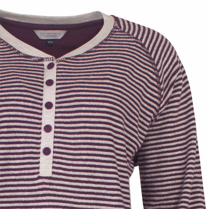 Gestreepte badstof pyjama in bordeaux rood en wit, met knoopsluiting en lange mouwen, merk Tenderness.