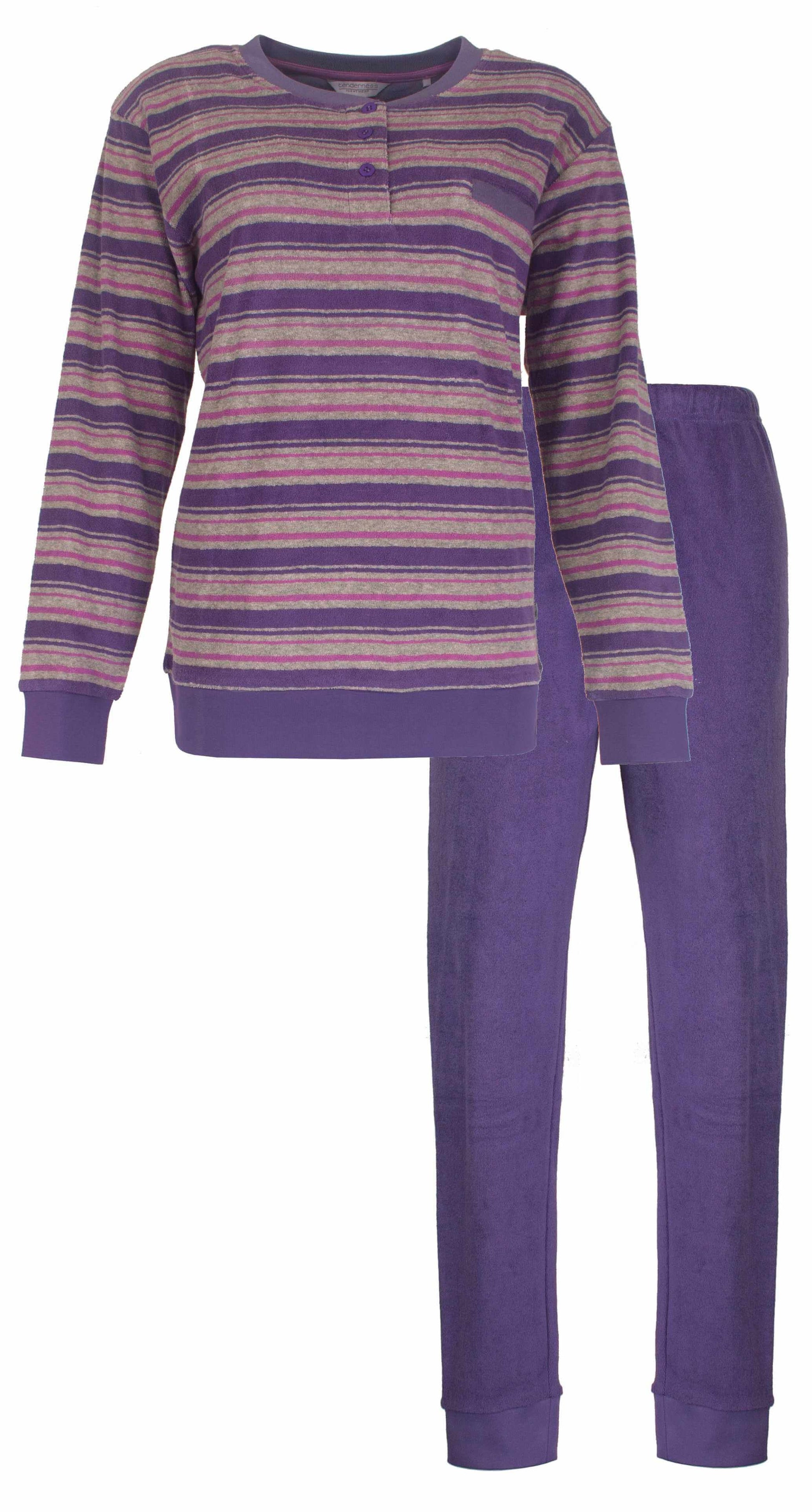Gestreepte badstof dames pyjama in paars, roze en grijs. Lange mouwen en bijpassende paarse broek.