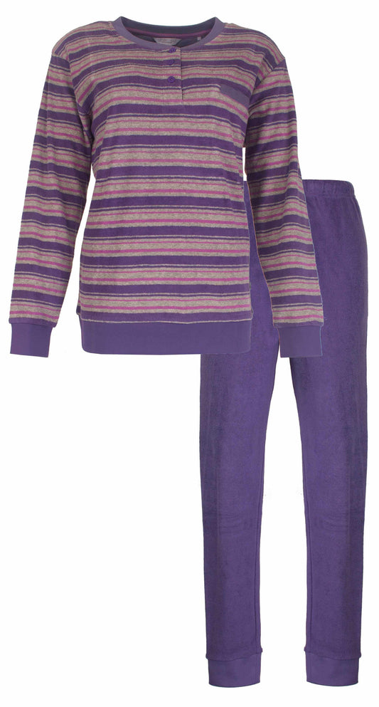 Gestreepte badstof dames pyjama in paars, roze en grijs. Lange mouwen en bijpassende paarse broek.