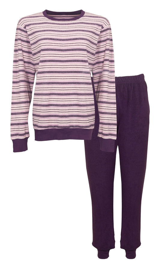 Paarse gestreepte pyjama set met lange mouwen top en effen broek, gemaakt van badstof materiaal