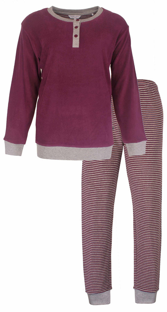 Rode badstof pyjama met lange mouwen en gestreepte broek, grijs contrast aan manchetten en hals