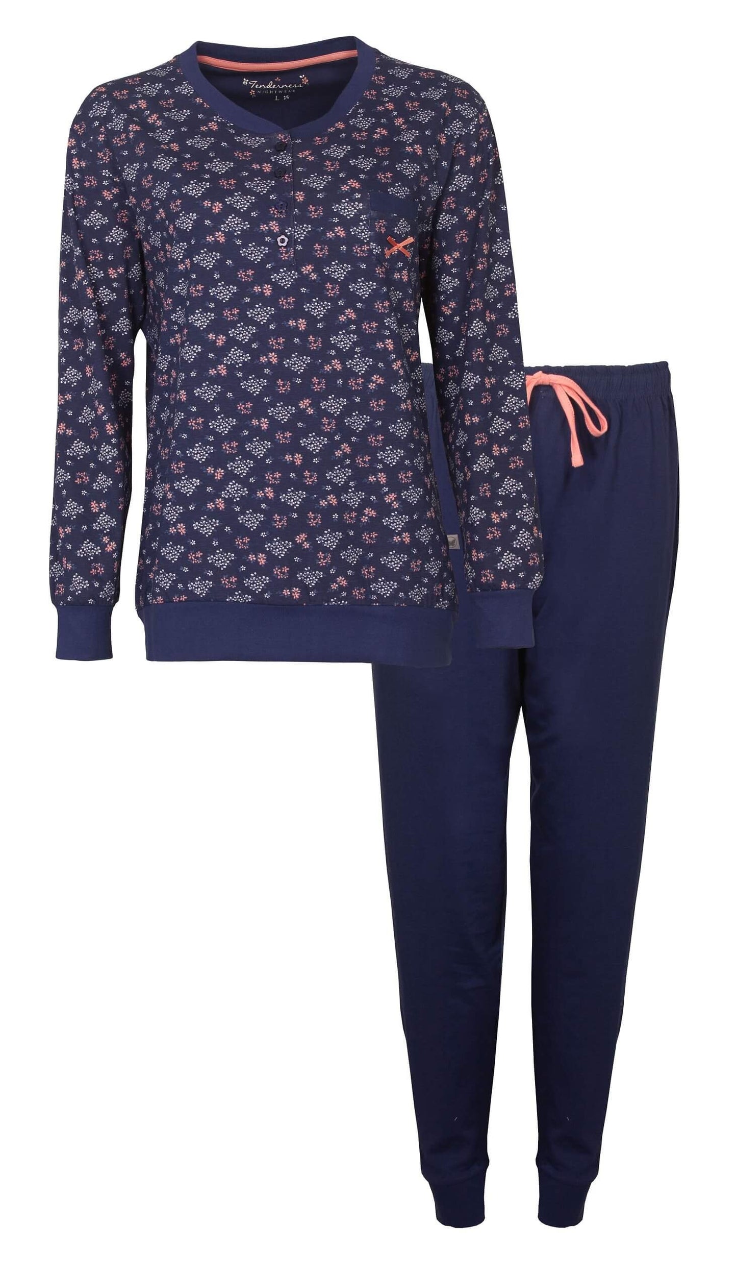 Blauwe dames pyjama met lange mouwen en broek, versierd met witte en roze bloemenprint, gemaakt van katoen.