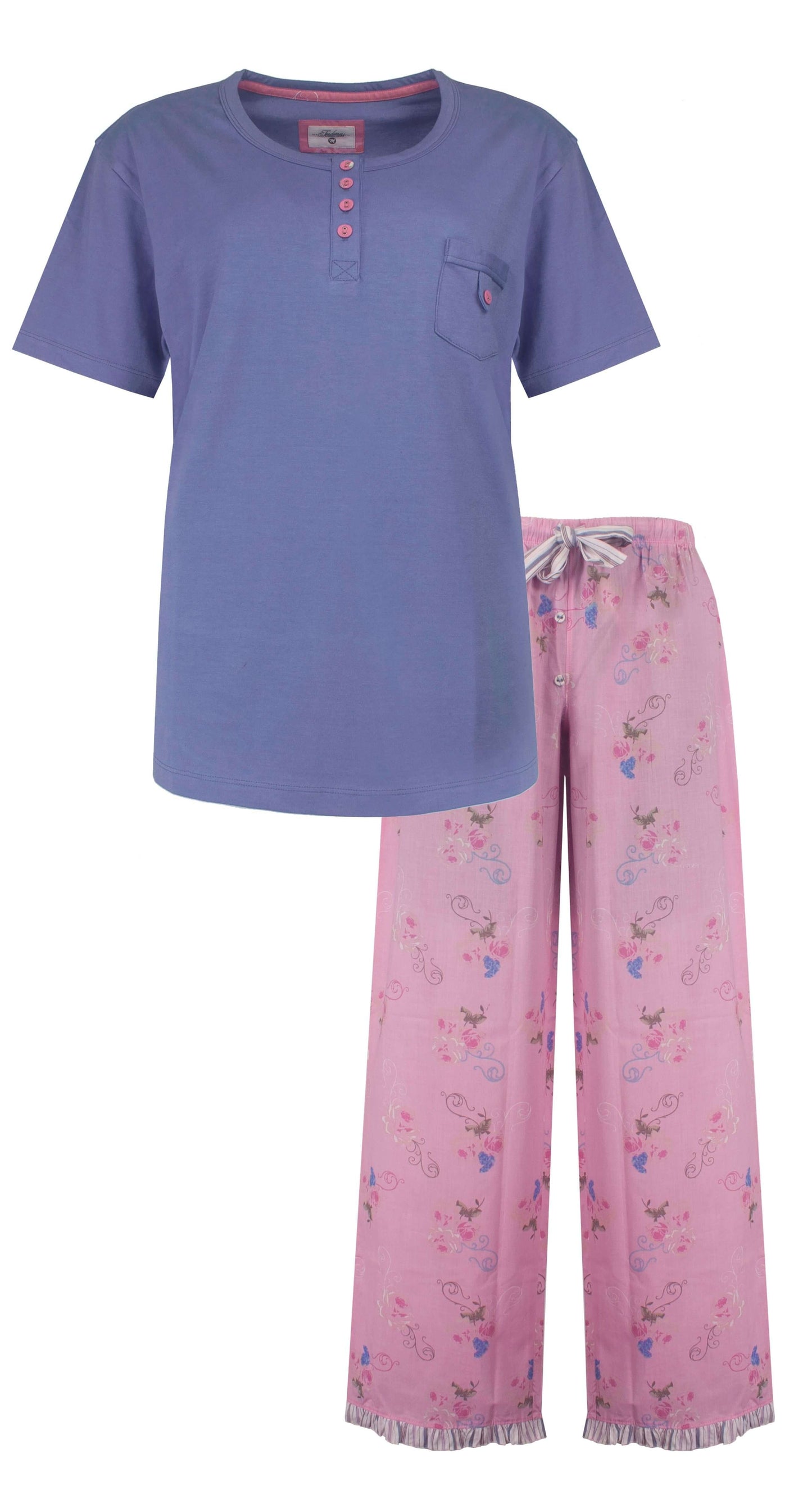 Blauwe katoenen pyjama met korte mouwen en polo-sluiting, roze broek met bloemenpatroon en trekkoord