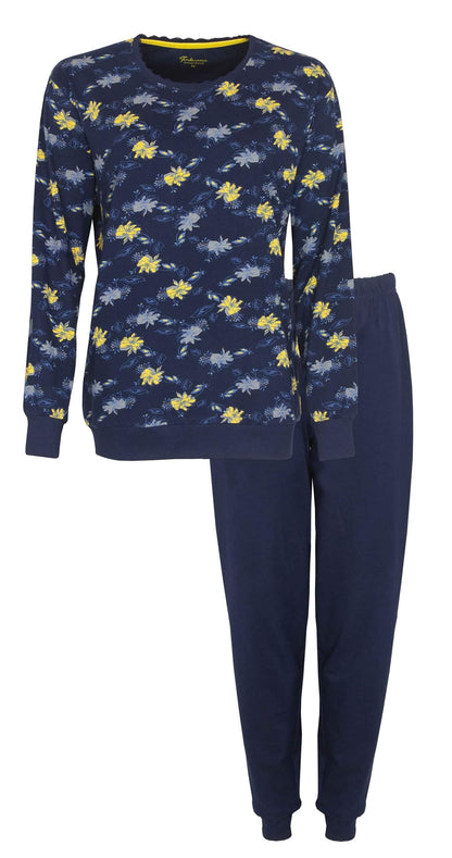 Donkerblauwe dames pyjama met gele en grijze bloemenprint op de top en effen broek