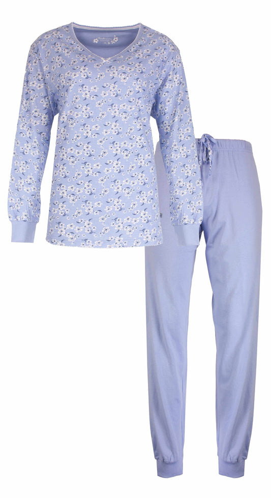 Blauwe dames pyjama set met witte bloemetjes print, lange mouwen en lange broek