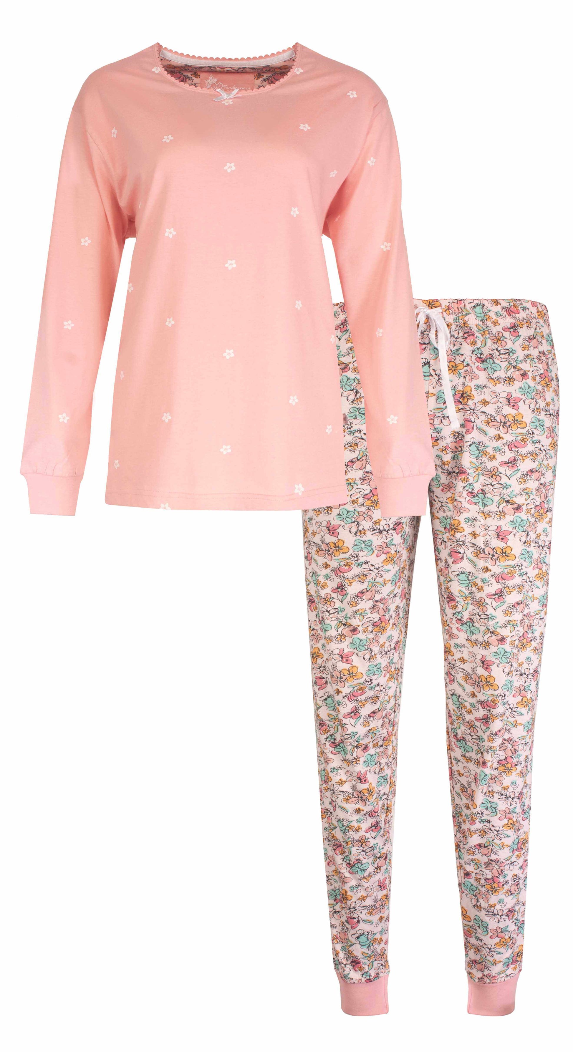 Roze dames pyjama met stermet bloemetjesrenprint top en bloemenprint broek, lange mouwen en pijpen