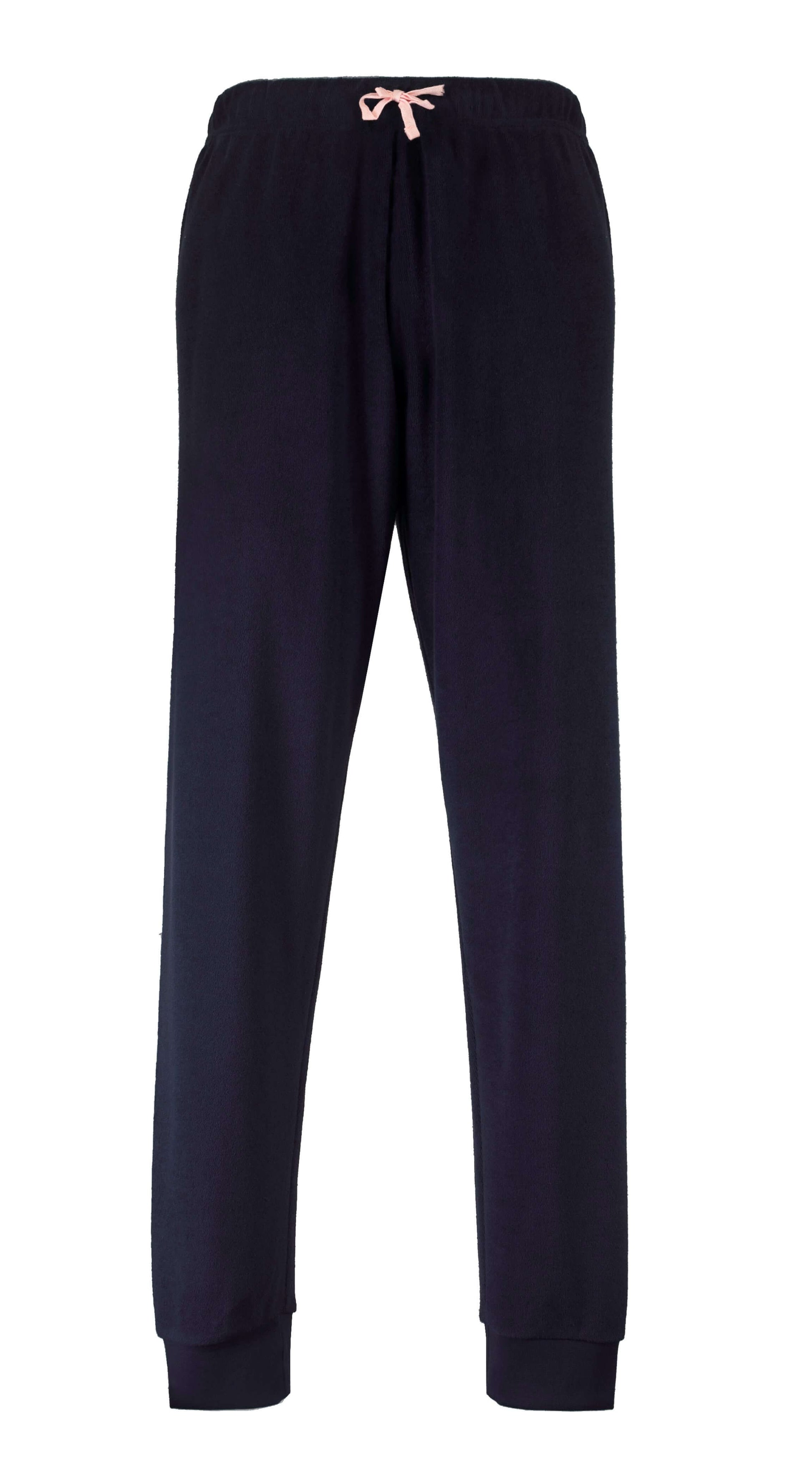 Blauwe pyjamabroek met smalle pijpen, aantrekkoord in de taille en boorden aan de enkels, gemaakt van badstof.