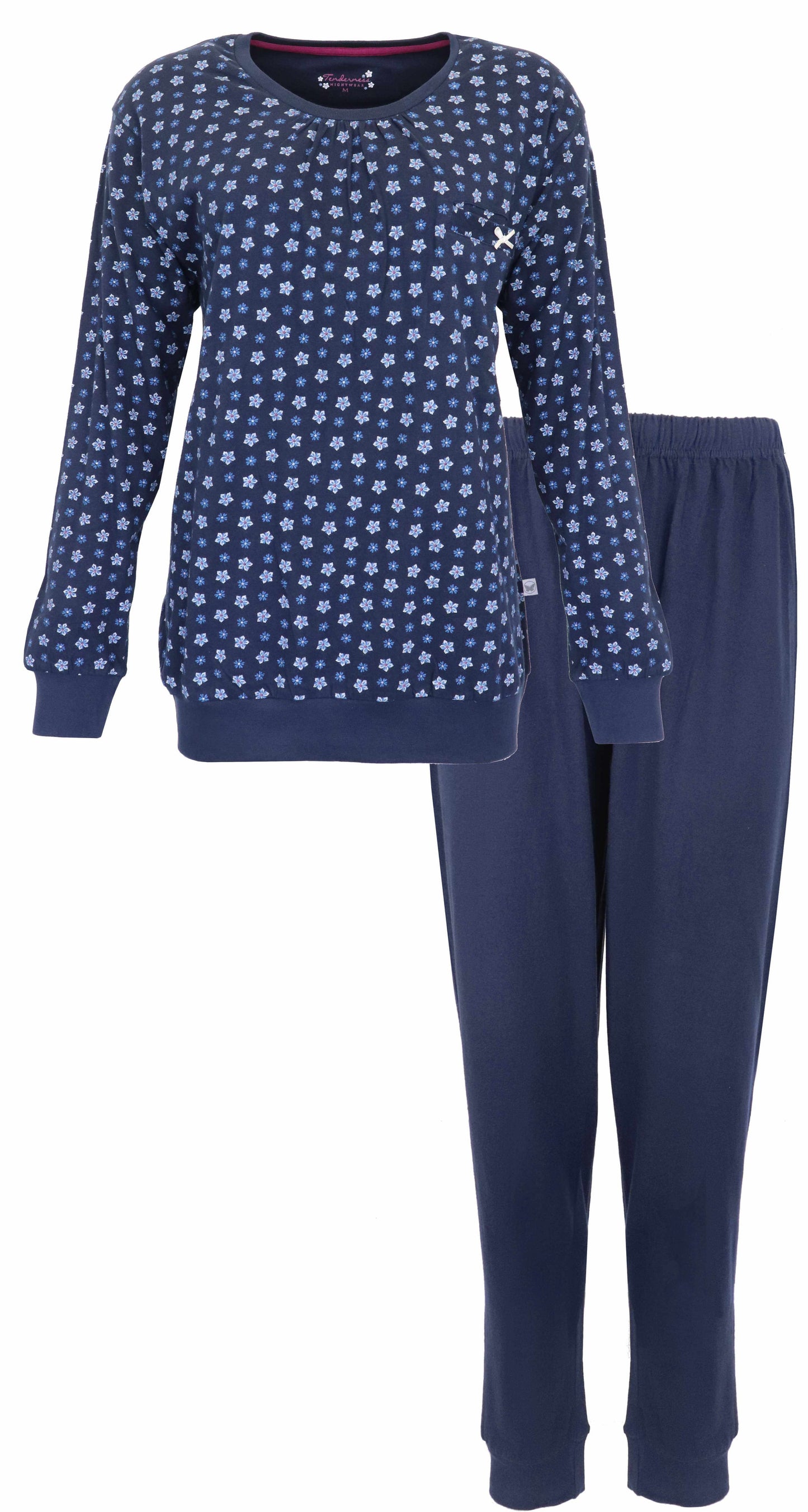 Donkerblauwe dames pyjama met lichtblauwe bloemetjes, lange mouwen en bijpassende lange broek
