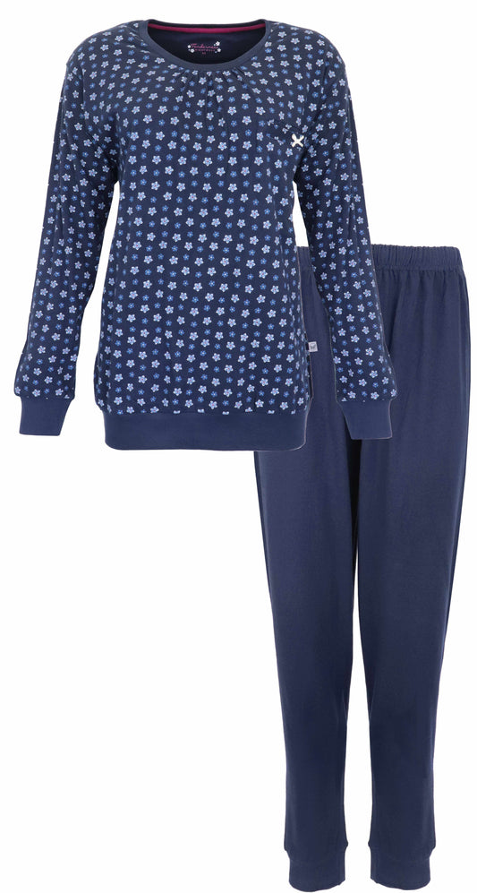 Donkerblauwe dames pyjama met lichtblauwe bloemetjes, lange mouwen en bijpassende lange broek