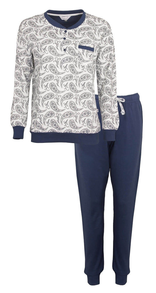 Dames pyjama set met paisley print top en blauwe broek, gemaakt van zachte fleece met polo sluiting.