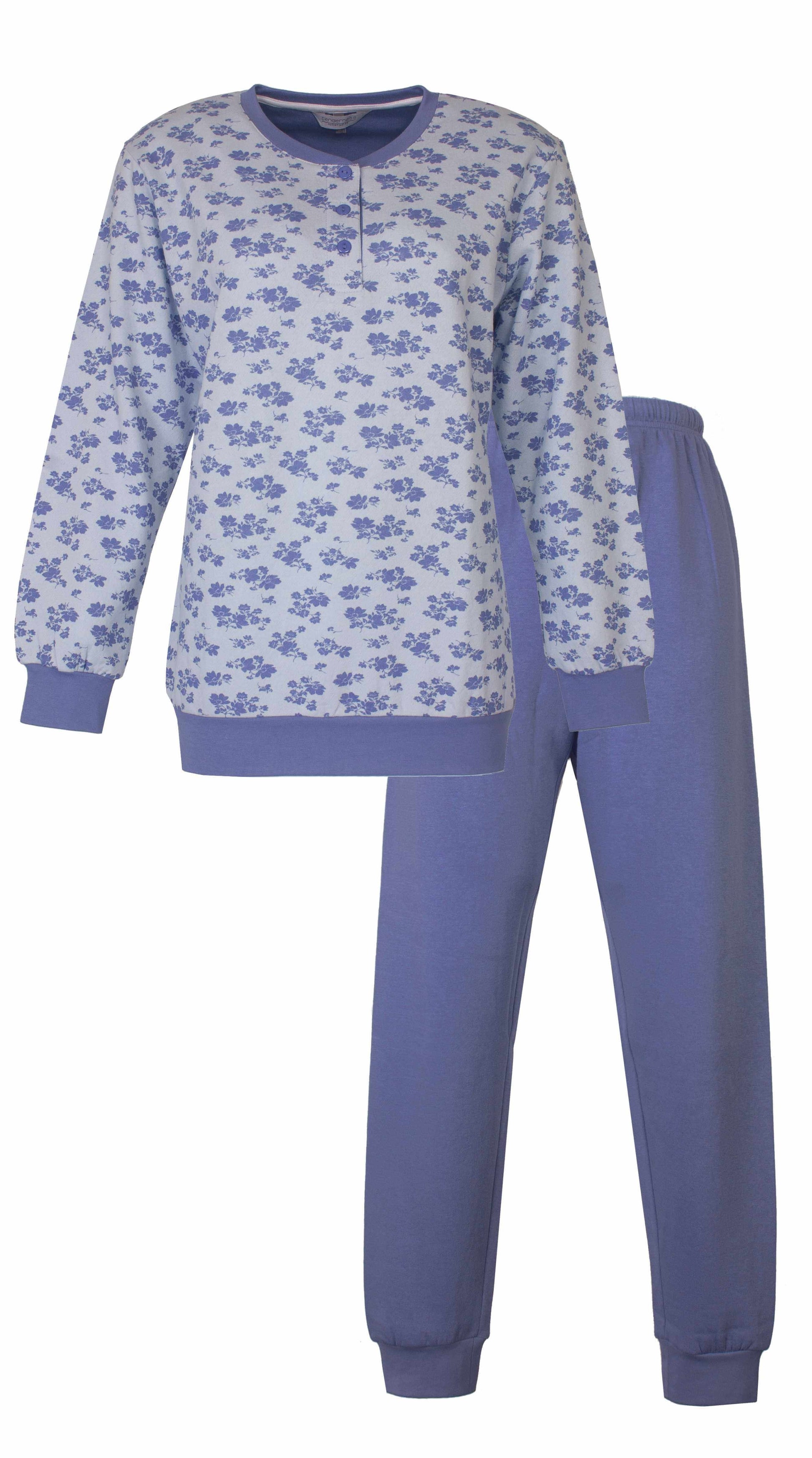 Lichtblauwe fleece pyjama met bloemenmotief, lange mouwen en bijpassende blauwe broek