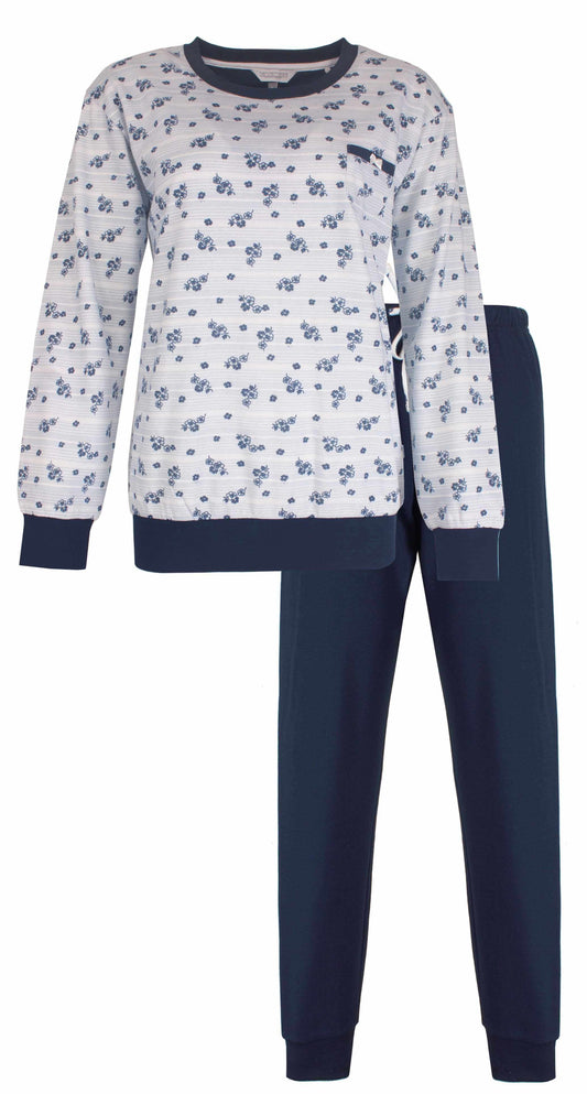 Lichtblauwe fleece dames pyjama met bloemetjespatroon, lange mouwen en bijpassende effen broek