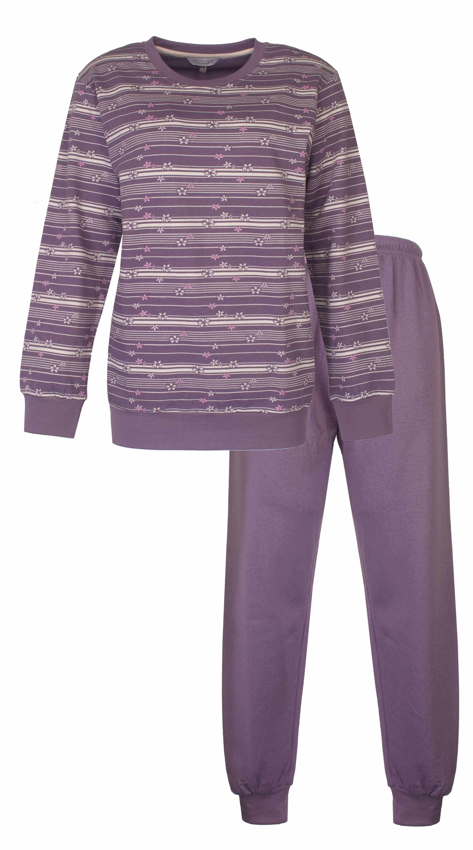 Paarse fleece pyjama set met gestreept bloemenpatroon op de top en effen broek, lange mouwen en ronde-pijpen
